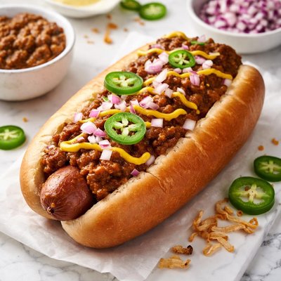 Hot dog with onions and chili