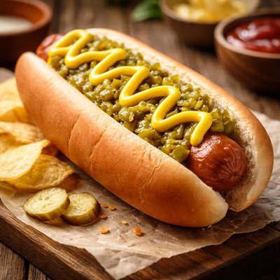 Hot dog with relish and mustard