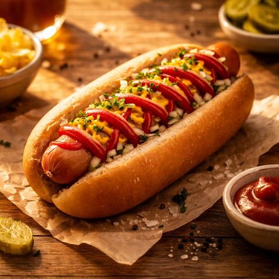 Hot dog with sausage and ketchup