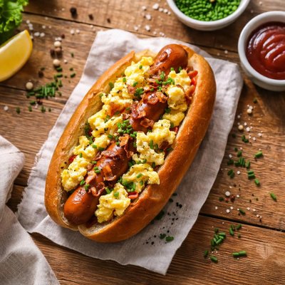 Hot dog with scrambled eggs
