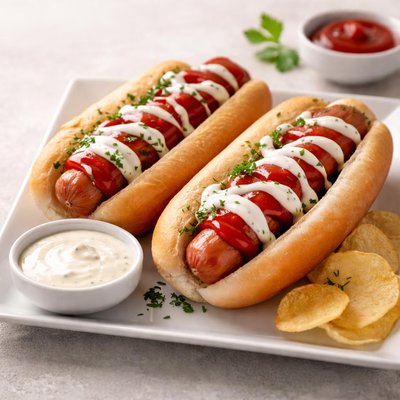 Hot dogs with kerchup and ranch dressing