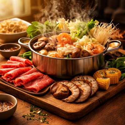 Hot pot with assorted ingredients