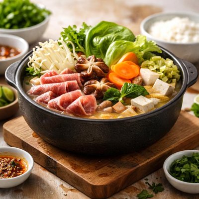 Hot pot with vegetables and meat