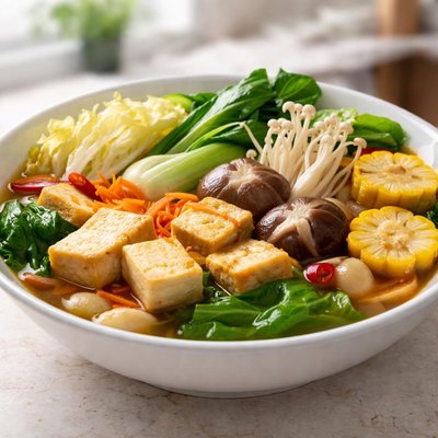 Hot pot with vegetables and tofu