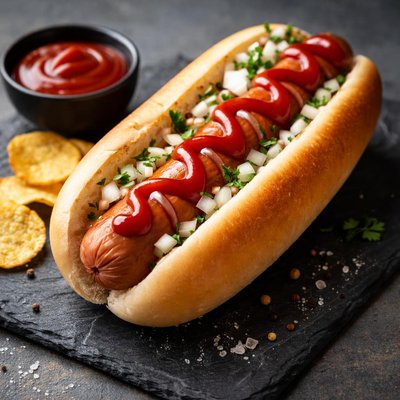 Hotdog in a bun with ketchup