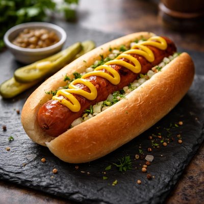 Hotdog with bun and mustard