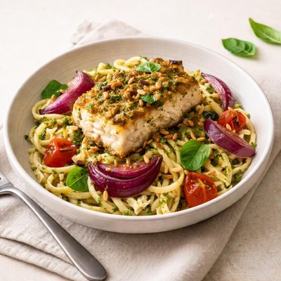 Hungryroot dairy-free pesto cod and cauliflower linguine with roasted red onion