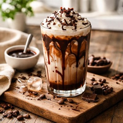 Ice coffe with chocolate syrup