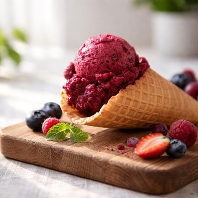 Ice cream cone with berry sorbet