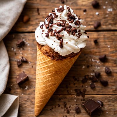 Ice cream cone with whipped cream and chocolate crumbs