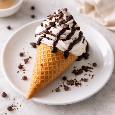 Ice cream cone with whipped cream and chocolate syrup