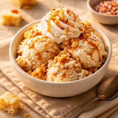 Ice cream with cake pieces and whipped cream