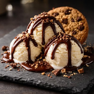 Ice cream with chocolate drizzle and cookie