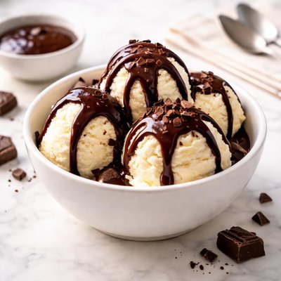 Ice cream with chocolate sauce