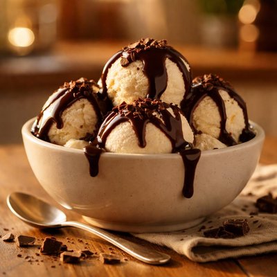 Ice cream with chocolate syrup