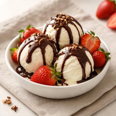 Ice cream with strawberries and chocolate syrup