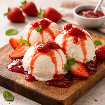 Ice cream with strawberry sauce