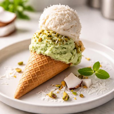 Icecream cone two scoops pistache cocos