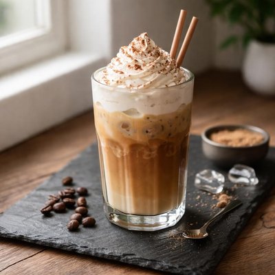 Iced cappuccino with whipped cream