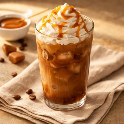 Iced coffee with whipped cream and caramel drizzle
