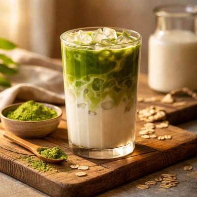 Iced matcha oat milk latte