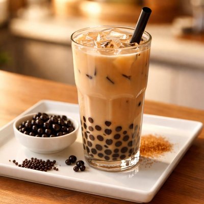 Iced milk tea with boba