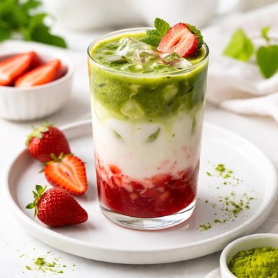 Iced strawberry matcha latte