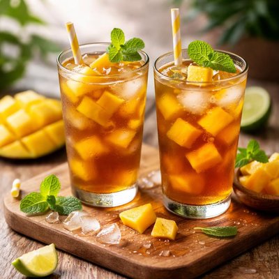 Iced tea with mango chunks