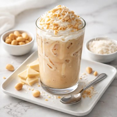 Iced white chocolate cocnut macademianut latte