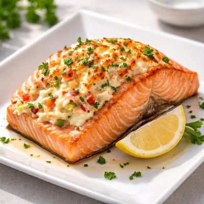 Imitation crab stuffed salmon