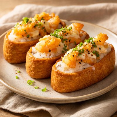 Inari sushi with tempura topping