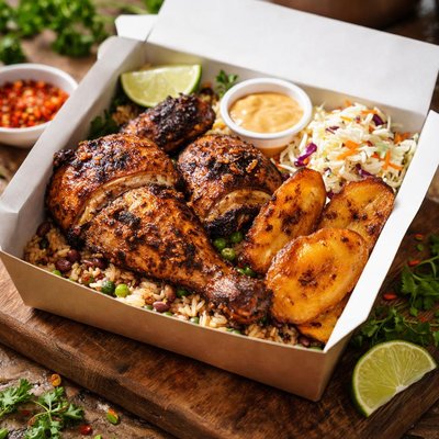 Island grill plantain box quarter serving