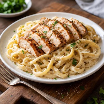 Italian pasta with grilled chicken in a cream based sauce