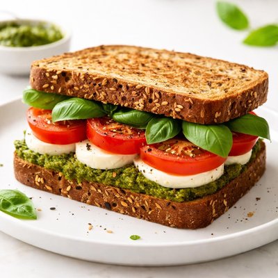 Italian pesto sandwich with tomato on brown bread