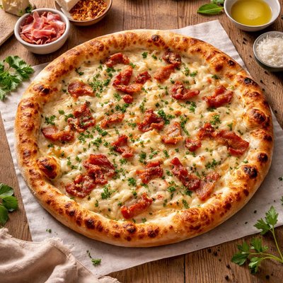 Italian pizza with gorgonzola and pancetta
