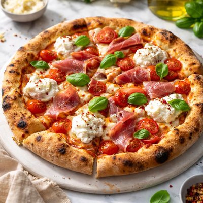 Italian style pizza with ham and ricotta