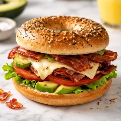 Jack and avocado bacon bagel sandwich