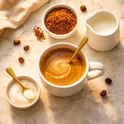 Jacobs coffee with one teaspoon sugar and full cream milk