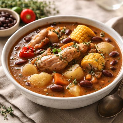 Jamaican chicken red pease soup with food