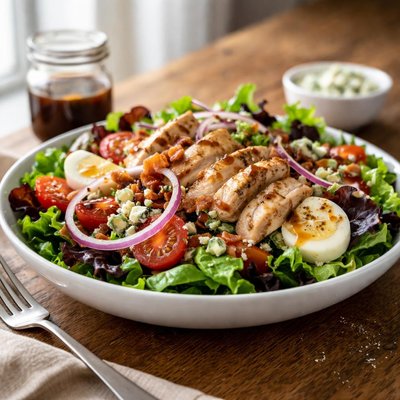 Jekyll and hyde garden salad with balsamic dressing red onions