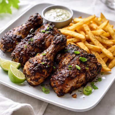 Jerk chicken and fries
