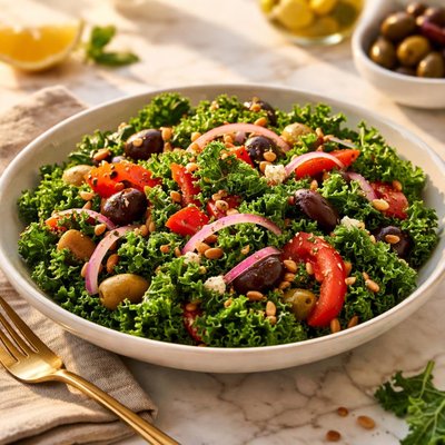 Kale salad with olives and red peppers