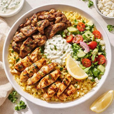 Lamb and chicken rice bowl