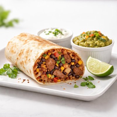 Lamb burrito with sour cream and guacamole