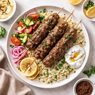 Lamb kebab with rice and vegetables
