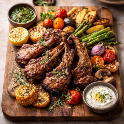 Lamb ribs and vegetables