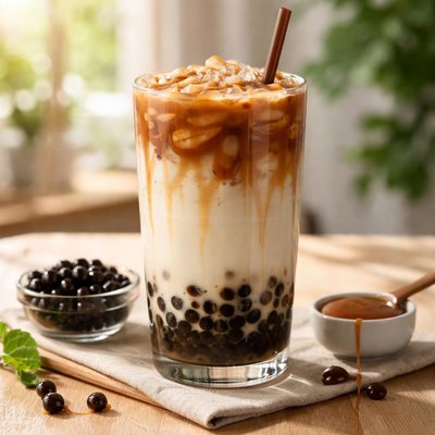 Large caramel macchiato with boba