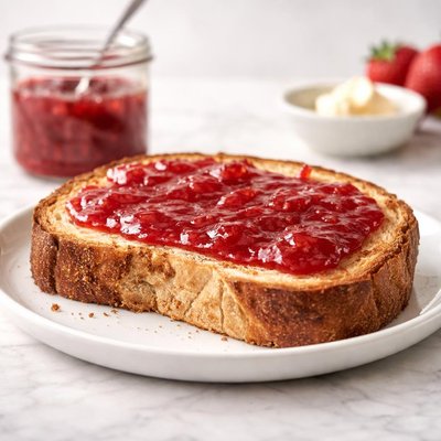 Large sourdough slice of toast with jam