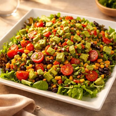 Large tossed salad with avocado salsa