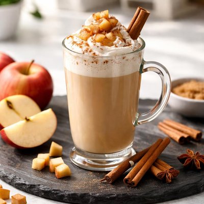 Latte with cinnamon and apple pieces